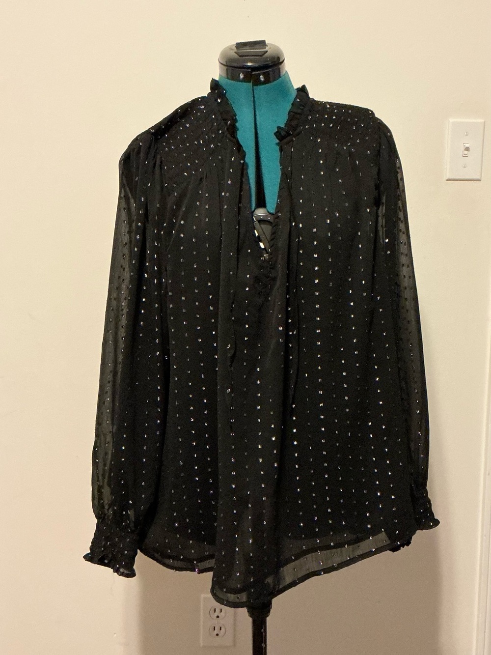 Old Navy Black Sheer Blouse with Silver Dots
